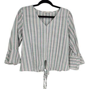 Andthewhy womens large blue pink stripe v neck tie front bell split sleeve top